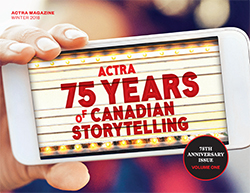 Person holds up phone that says 'ACTRA 75 Years of Canadian Storytelling' on the screen