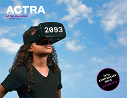 image of blue sky with clouds and a girl standing with a virtual reality headset (a giant, chunky piece of technology that goes on your eyes like goggles) that says the number/year 2093 on it