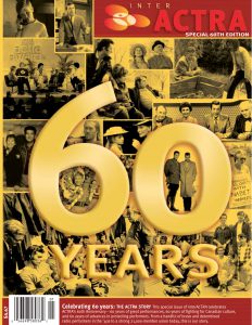 Inter ACTRA Magazine 60th anniversary cover that is very golden/yellow overall, text says '60 years' along with a montage of photos behind it. 