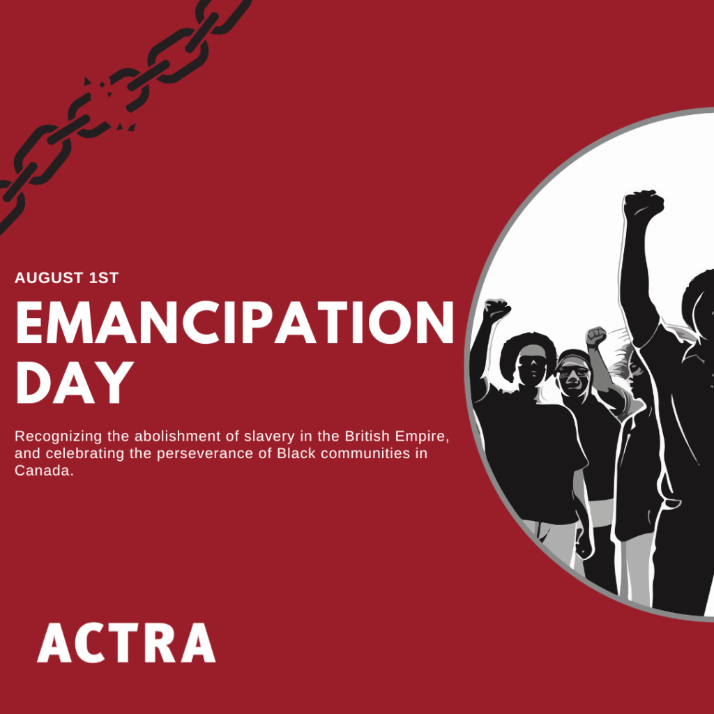 graphic that reads "August 1st - Emancipation Day" and "Recognizing the abolishment of slavery in the British Empire, and celebrating the perseverance of Black communities in Canada." 