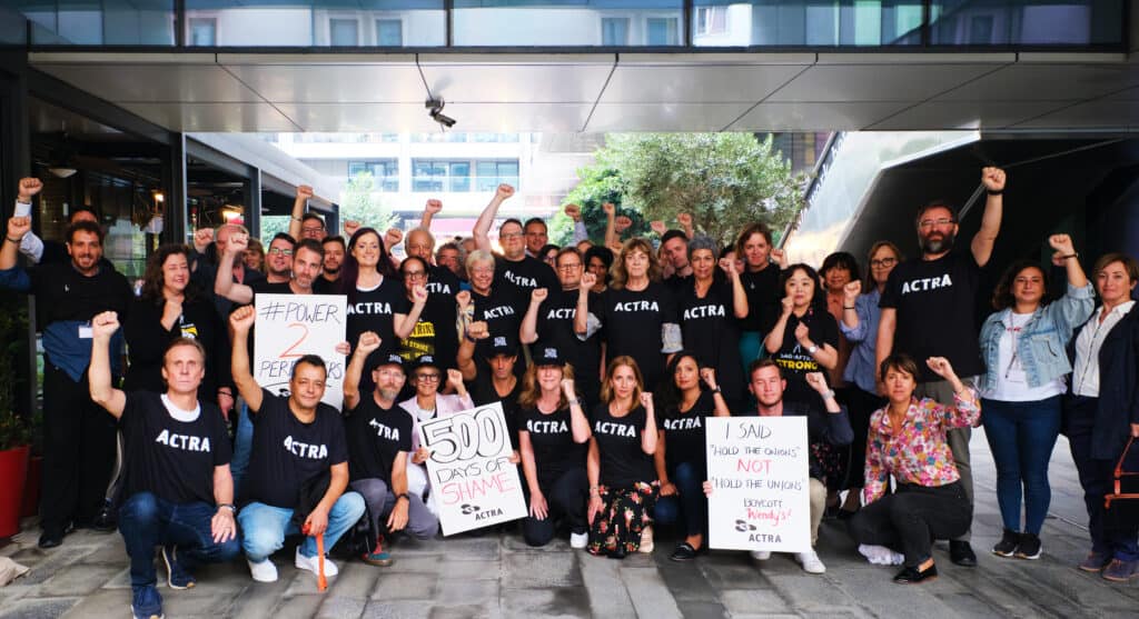 FIA representatives from around the world don ACTRA t-shirts in a show of solidarity with ACTRA’s small delegation attending FIA’s Executive Committee meeting. 