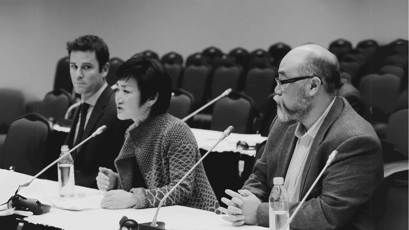 ACTRA members Yannick Bisson, Jean Yoon and Paul Sun-Hyung Lee at a CRTC hearing in Gatineau, Quebec.